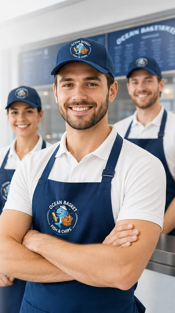 OB Fish & Chips staff in branded aprons and caps